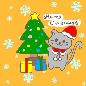 クリスマス 猫とクリスマスツリー クリスマス 猫とクリスマスツリー クリスマス,猫,クリスマスツリー,クリスマスプレゼント,サンタの帽子,星,冬,雪の結晶,文字入り,手書きのイラスト素材