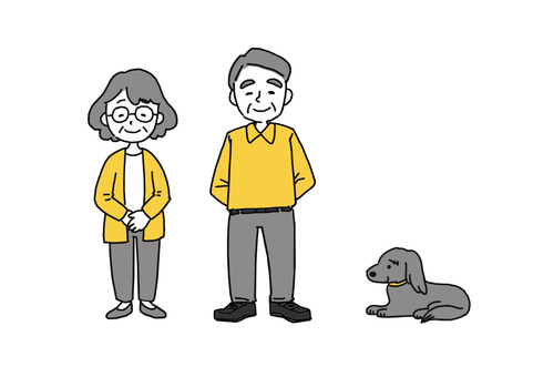 老夫婦と老犬 老夫婦,動物,おばあさん,おじいさん,老犬,夫婦,人物セット,犬,全身のイラスト素材