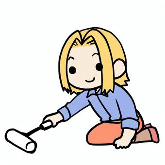 コロコロをかける金髪女性 金髪,コロコロ,掃除,かける,掃除道具,便利,アイテム,清掃,潔癖症,こまめのイラスト素材
