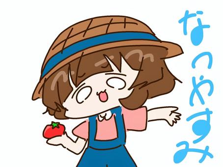 夏休み　暑さで溶けている女の子 なつやすみ,暑い,溶けている,女の子,夏,7月,8月,麦わら帽子,トマト,収穫のイラスト素材