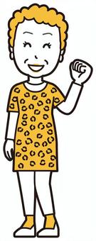  大阪のおばちゃん(黄)-183-全身 ガッツポーズ,おばちゃん,大阪,ヒョウ柄,おばはん,中年,女性,関西,派手,おばさんのイラスト素材