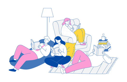 リラックスしながら読書を楽しむ人々 人物,男女,読書,本,リビング,ソファ,座る,くつろぐ,集まり,仲間のイラスト素材