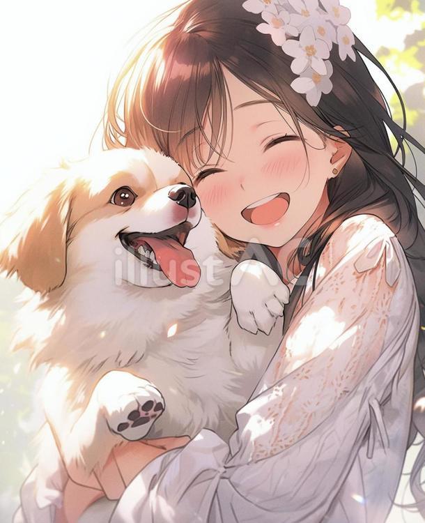 犬を抱いてとっても笑顔の女の子 犬,笑顔,可愛いのイラスト素材