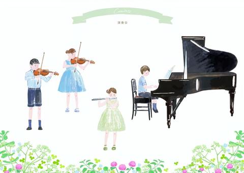 子どもたちの演奏会 子ども,演奏,バイオリン,フルート,ピアノ,笑顔,演奏会,発表会,水色,靴のイラスト素材