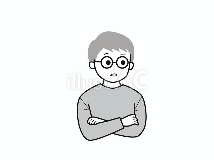 話を聞き悩み考える男子2／白黒 上半身,長袖,腕組みのイラスト素材