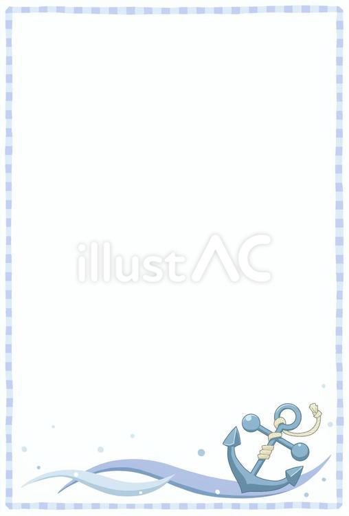 イカリと波間のマリン囲み枠　はがき　縦 イカリ,錨,碇のイラスト素材
