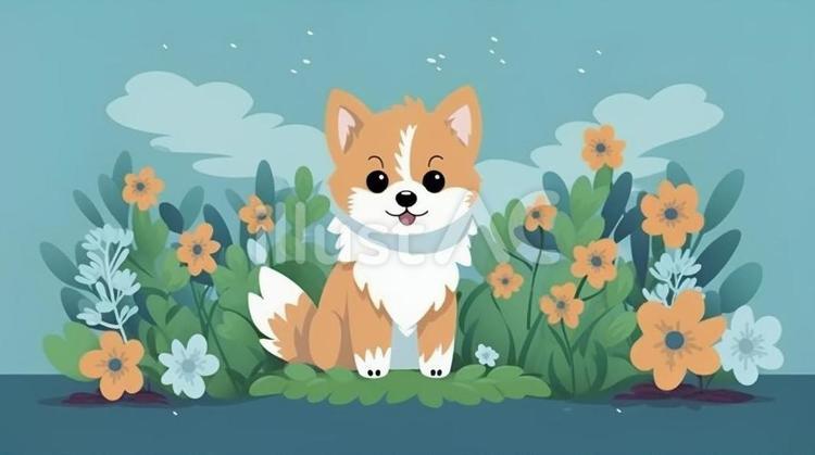 可愛い子犬ちゃんと花畑 子犬,花,かわいいのイラスト素材