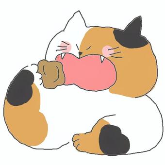 からあげを食べる三毛猫ちゃん♪ かわいい,唐揚げ,揚げ物,食べる,食べ物,たべもの,ねこ,三毛猫,動物,いきもののイラスト素材