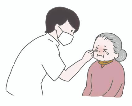 インフルエンザ検査をする高齢女性 検査,インフルエンザ,鼻腔ぬぐい液,鼻,医療,病院,クリニック,医師,看護師,患者のイラスト素材