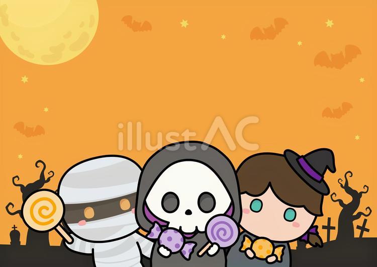 ハロウィン背景、仮装の子供とお菓子とお墓 ハロウィン,背景,かわいいのイラスト素材