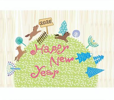 年賀状うま＿,かわいい02 年賀状,午,かわいい,木目,北欧風,草原,森林,木,森,ジャンプのイラスト素材