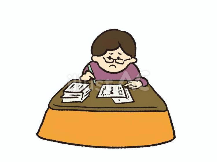 こたつではがきのあて名書きをする女性 こたつ,ハガキ,あて名書きのイラスト素材