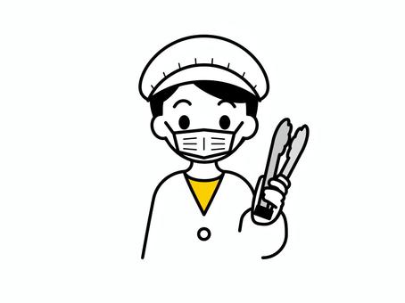 トングを持った給食当番の子ども02 人物,子ども,保育園,幼稚園,こども園,福祉施設,給食,当番,白衣,マスクのイラスト素材
