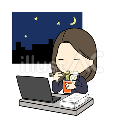 残業中にカップラーメンを食べる会社員女性