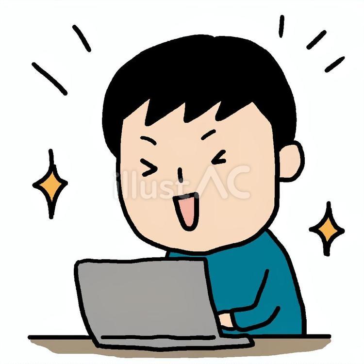 パソコンの前で大喜びしている男性 人物,大人,手描きのイラスト素材