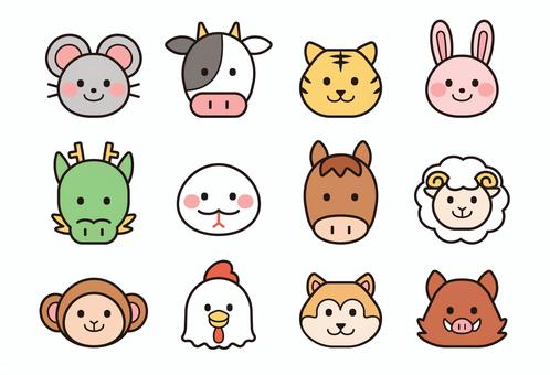 十二支のアイコン一覧　カラフル 十二支,干支,動物,正面,顔,アイコン,一覧,セット,子,ねずみのイラスト素材