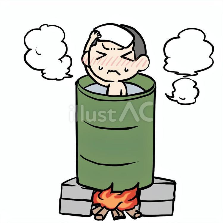 ドラム缶風呂と暑がる坊主少年 ドラム缶,暑がる,風呂のイラスト素材