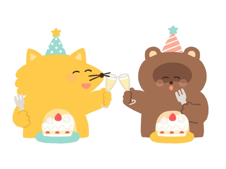 パーティーで乾杯するキツネとタヌキ ケーキ,キツネ,タヌキ,シャンパン,乾杯,動物,楽しい,ショートケーキ,パーティー,誕生日のイラスト素材