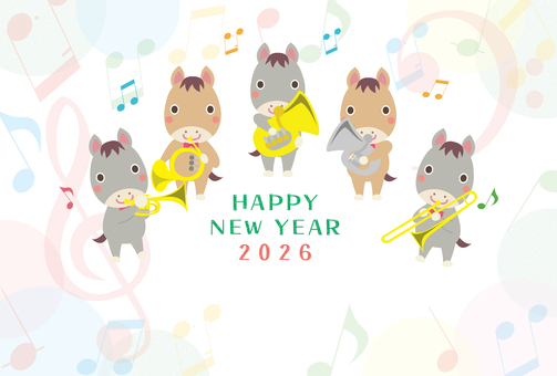 2026午年賀状120馬の金管五重奏 年賀状,年賀,午,2026,イラスト,金管楽器,金管五重奏,音楽,午年,馬のイラスト素材