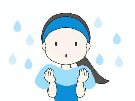 タオルで顔を拭いた女性 タオル,顔,洗顔,女性,メイク,お風呂,ヘアバンド,青,水玉,眉毛のイラスト素材