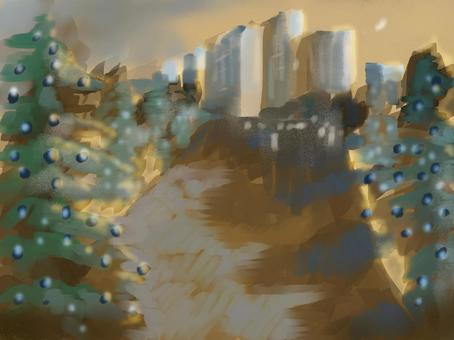 都会の夕暮れ風景イルミネーションの並木道 風景,公園,夕日,都会,並木,イルミネーション,夕暮れ,風景画,手描き,リラックスのイラスト素材