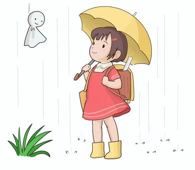 黄色い傘の女の子とてるてる坊主 小学生,雨,傘,ランドセル,長靴,てるてる坊主,眺める,女の子,黄色,通学のイラスト素材