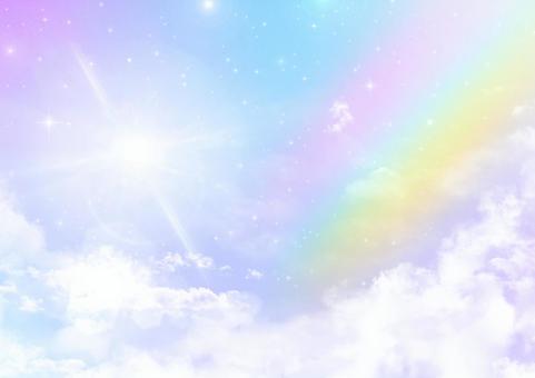 光輝くメルヘンな虹の背景 虹,ファンタジー,雲,空,背景,カラフル,パステルカラー,夢,かわいい,星のイラスト素材