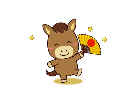 金の扇子でおめでたい、馬さん 馬,干支,午年,扇子,日の丸,星,あっぱれ,正月,新年,笑顔のイラスト素材