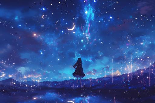 Girl looking at the night sky, girl, cute, star, JPG