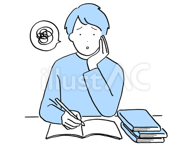 困った表情で勉強している私服の男性 勉強,男性,大人のイラスト素材