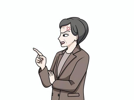 怒りながら指を指すスーツ姿の中年女性 怒る,指差し,スーツ,女性,中年,上司,横向き,横顔,ビジネス,パワハラのイラスト素材