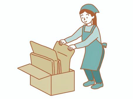 いらない段ボールをまとめる女性 段ボール,使用済み,いらない,まとめる,仕事,エプロン,パート,アルバイト,シンプル,手描きのイラスト素材