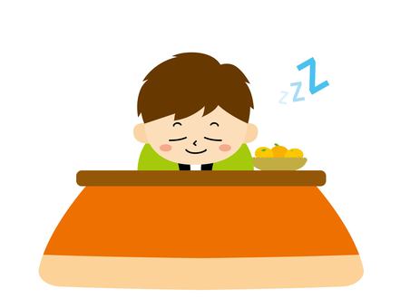 こたつで寝ちゃった男の子のイラスト 冬,こたつ,男の子,人物,少年,寝る,みかん,果物,籠,あったかいのイラスト素材