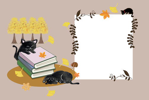 秋のメッセージカード　黒猫 紅葉,黒猫,猫,メッセージカード,秋,10月,11月,ポストカード,イチョウ,枯れ葉のイラスト素材