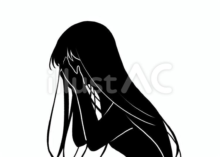 泣いている女性の横から見た図のシルエット 人物,女性,長髪のイラスト素材