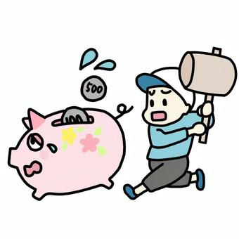 豚の貯金箱を割ろうとする少年 お金,金運,風水,豚,貯金箱,小銭,コイン,少年,追いかける,ハンマーのイラスト素材