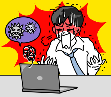 社内パソコンがハッキングされ動揺する社員 社内パソコンがハッキングされ動揺する社員 ハッキング,サイバー攻撃,ハッカー,情報セキュリティ,サイバー犯罪,不正アクセス,ネット犯罪,ウイルス感染,ビジネスマン,ウィルスのイラスト素材