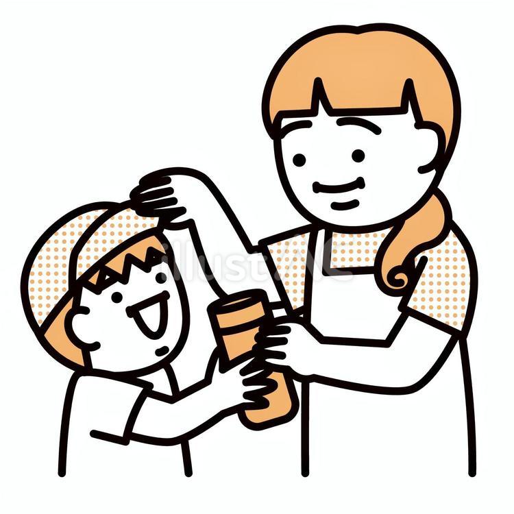 子どもに帽子と水筒を持たせるお母さん 親子,お母さん,子どものイラスト素材