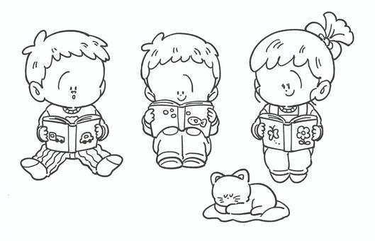 本を読む子どもたちの白黒手描きイラスト2 読書,白黒,子ども,本,手描き,絵本,挿絵,かわいい,モノクロ,線画のイラスト素材
