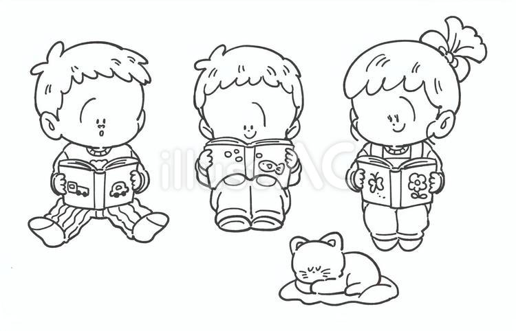 本を読む子どもたちの白黒手描きイラスト2 読書,白黒,子どものイラスト素材