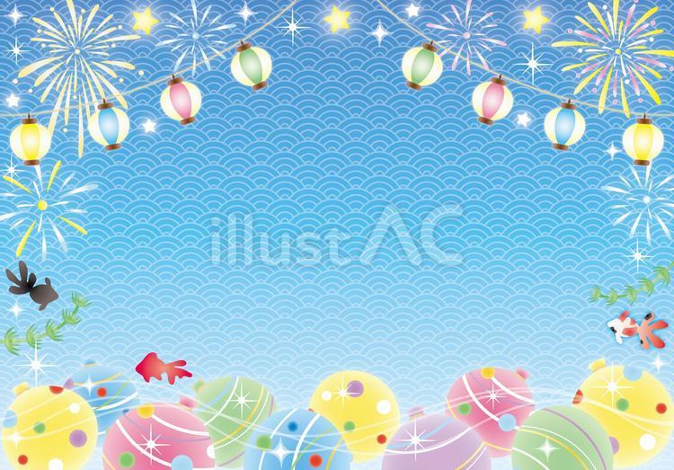 花火と水風船と金魚の和フレーム 花火と水風船と金魚の和フレーム 夏,花火,祭のイラスト素材