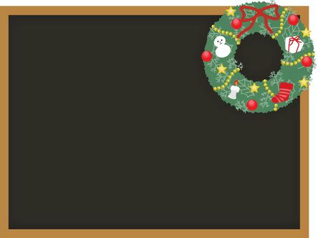 クリスマスリースの黒板のフレーム-横 リース,クリスマス,黒板,フレーム,飾り,リボン,プレゼント,キャンドル,靴下,星のイラスト素材