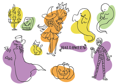 ペン画風ハロウィンのラフな着彩セット ハロウィン,秋,ハロウィーン,ジャックオランタン,かぼちゃ,ドラキュラ,吸血鬼,ヴァンパイア,魔女,魔法使いのイラスト素材