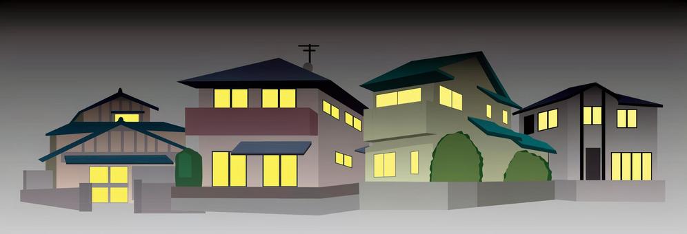 夜-住宅地 夜,住宅地,電気,明かり,生活,住宅,一軒家,戸建,並ぶ,暗いのイラスト素材