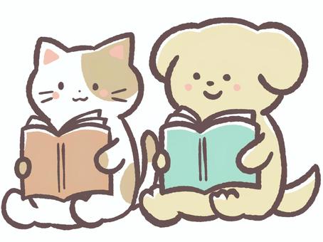 読書の秋で本を読む猫と犬 本,猫,犬,読書,秋,9月,10月,11月,動物,哺乳類のイラスト素材