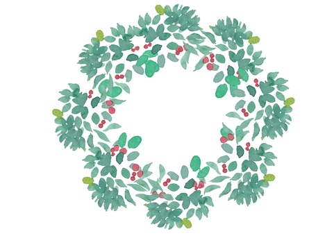 水彩のクリスマスリース クリスマスリース,クリスマス,リース,赤,実,南天,水彩,手描き,やさしい,ほっこりのイラスト素材