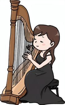 ハープを弾く女性 ハープ奏者,ハープ,女性,オーケストラ,クラシック,コンサート,楽器,全身,演奏中,音楽のイラスト素材