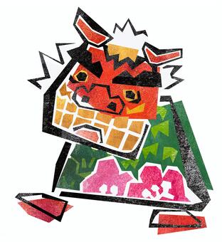 版画風の獅子舞のお正月イラスト-14 獅子舞,ししまい,獅子頭,伝統芸能,祭り,縁起物,魔除け,厄除け,開運,吉兆のイラスト素材