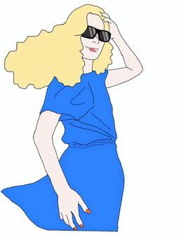髪をなびかせる女性2 人物,女性,外国人,金髪,ロングヘア,サングラス,マニキュア,ワイルド,風,ワンピースのイラスト素材