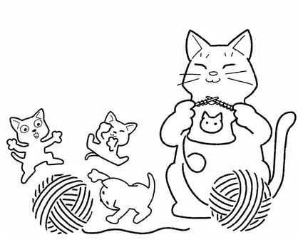 編み物をする親猫と毛糸あそびの子猫 編み物をする親猫と毛糸あそびの子猫 毛糸,猫,編む,あそぶ,線画,丸い,暖か,ほのぼの,楽しいのイラスト素材